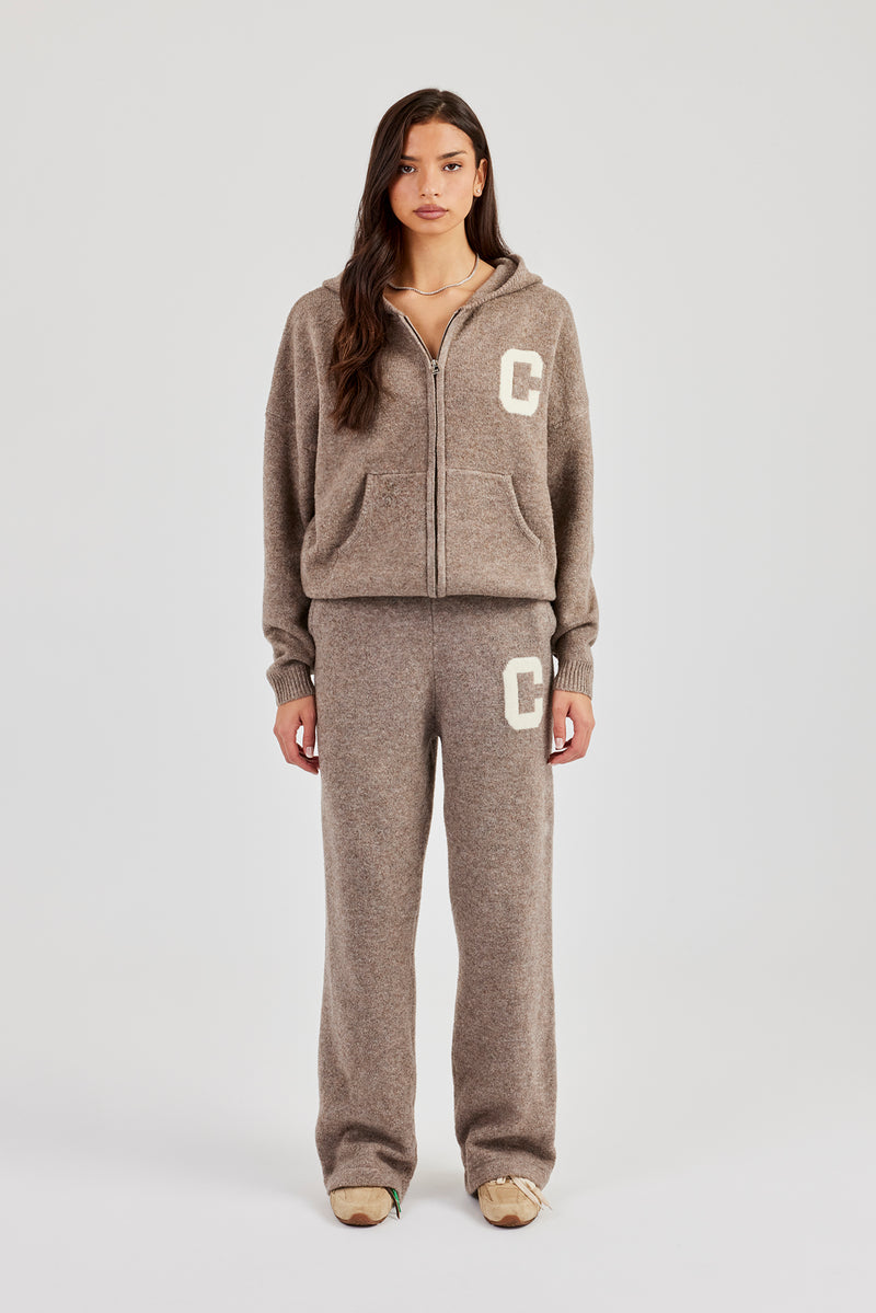 Hooded Zip Through Knitted Tracksuit - Taupe