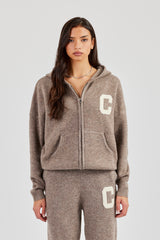 Hooded Zip Through Knitted Jumper - Taupe