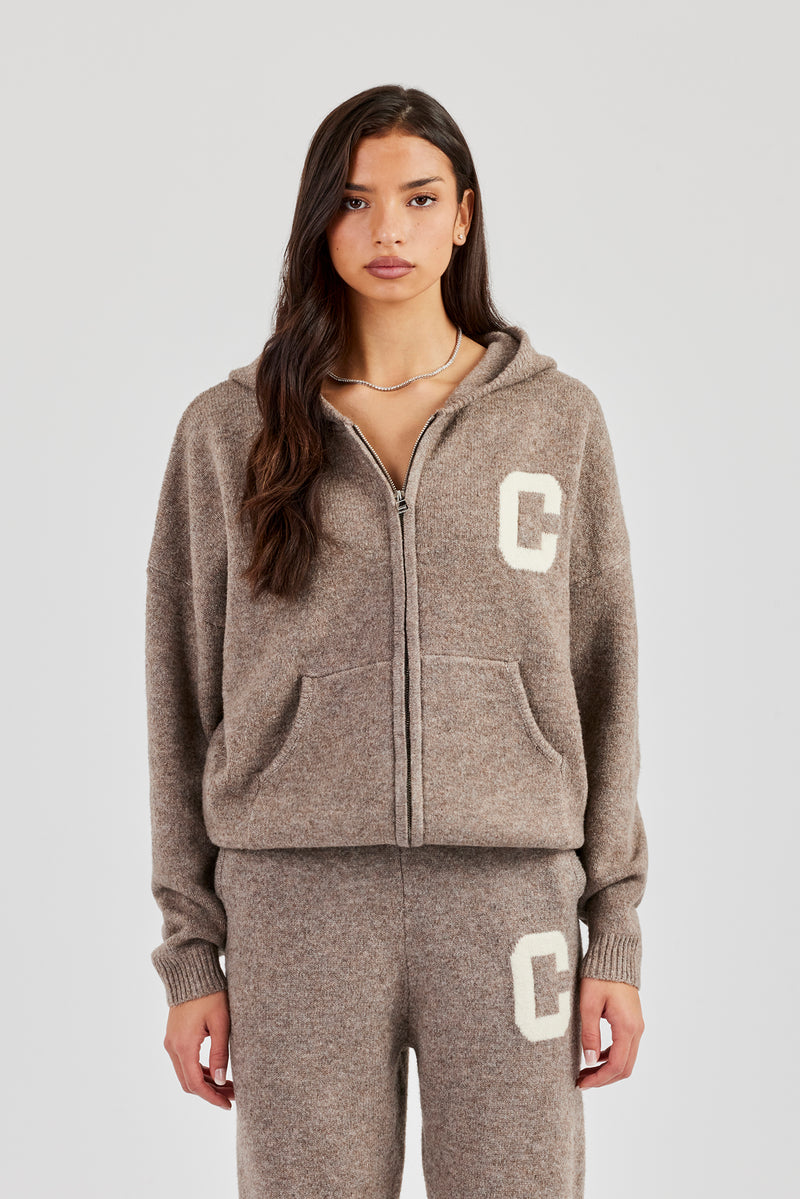 Hooded Zip Through Knitted Jumper - Taupe