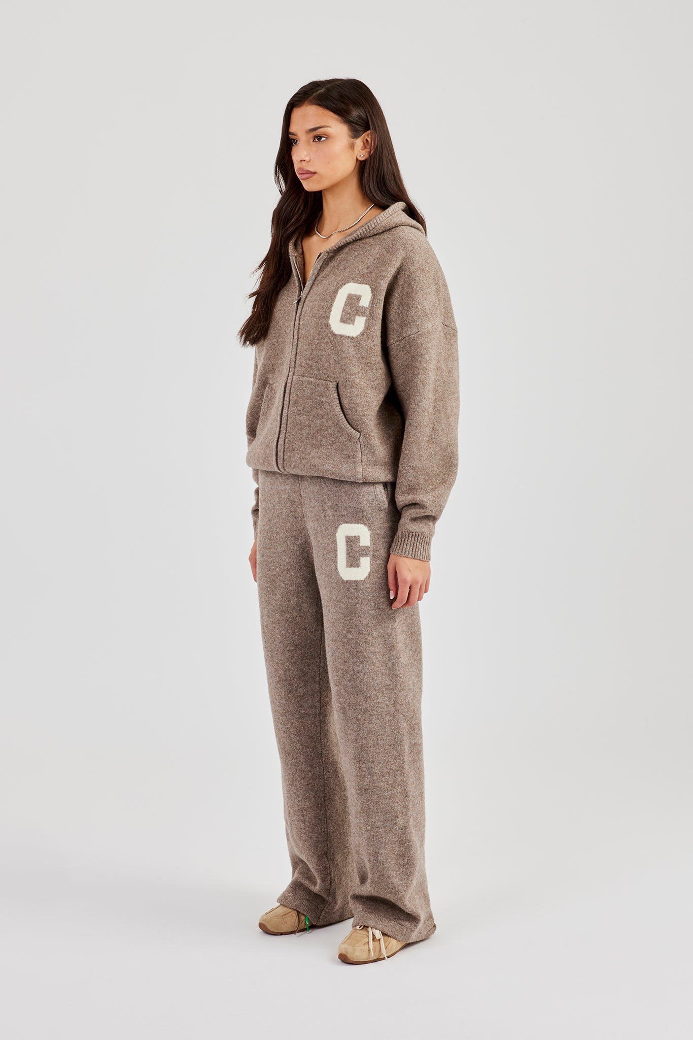 Hooded Zip Through Knitted Jumper & Wide Leg Jogger | Womens Sets