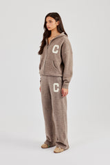 Hooded Zip Through Knitted Tracksuit - Taupe