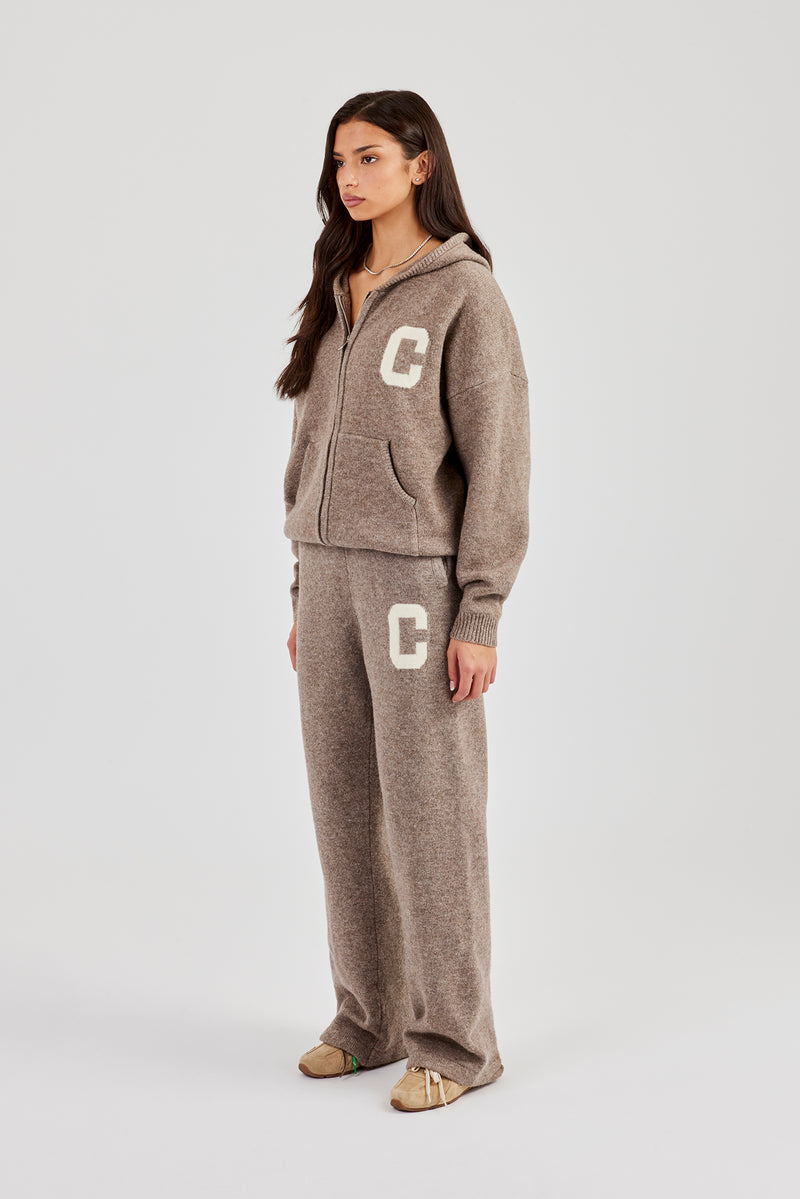 Hooded Zip Through Knitted Tracksuit - Taupe