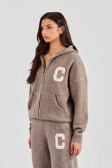 Hooded Zip Through Knitted Jumper - Taupe