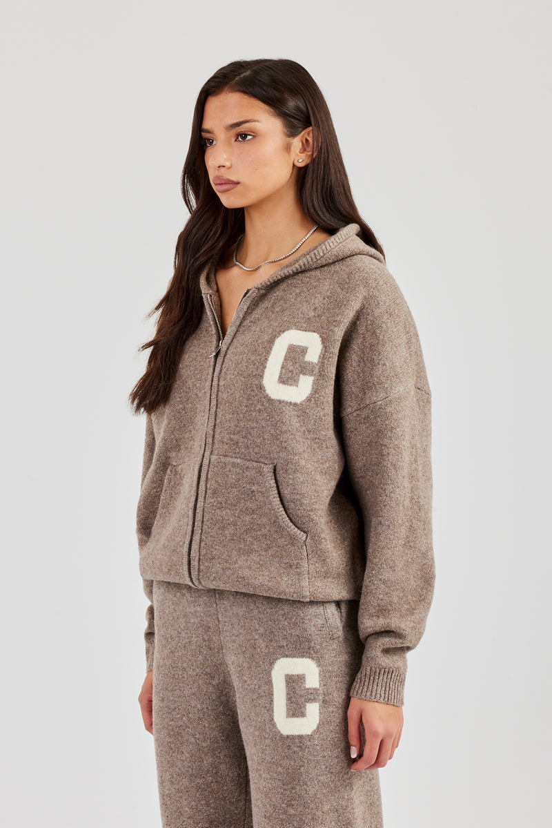 Hooded Zip Through Knitted Jumper - Taupe