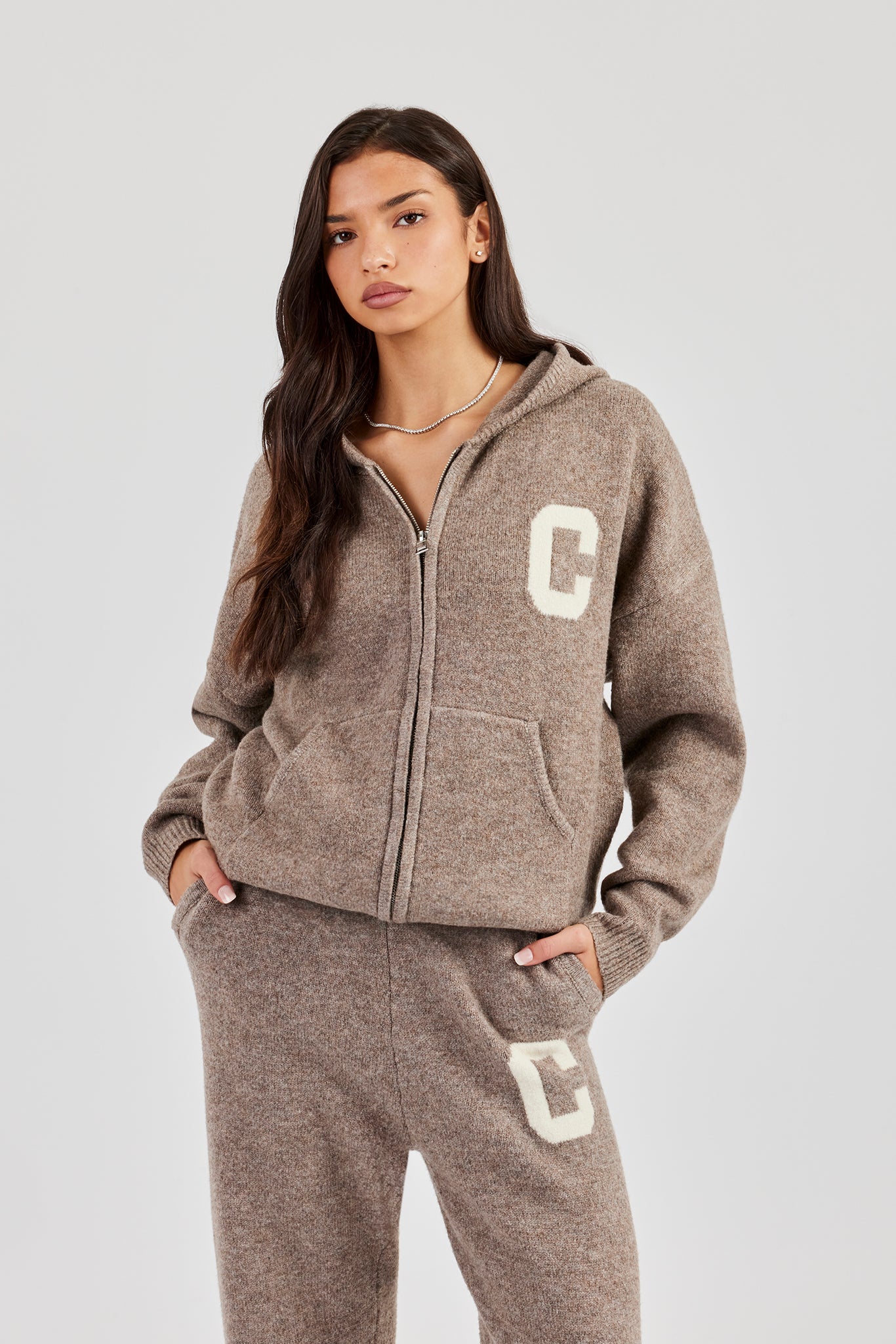 Hooded Zip Through Knitted Jumper - Taupe
