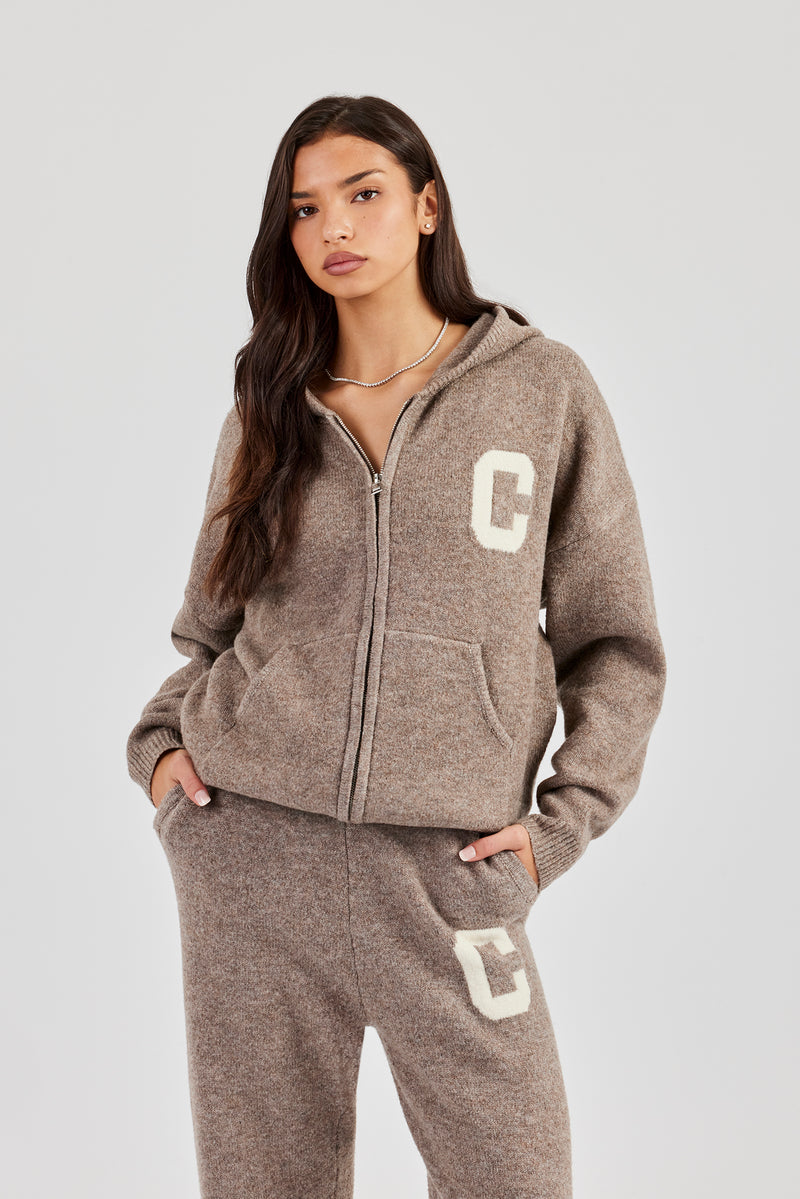 Hooded Zip Through Knitted Jumper - Taupe