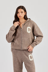 Hooded Zip Through Knitted Jumper - Taupe
