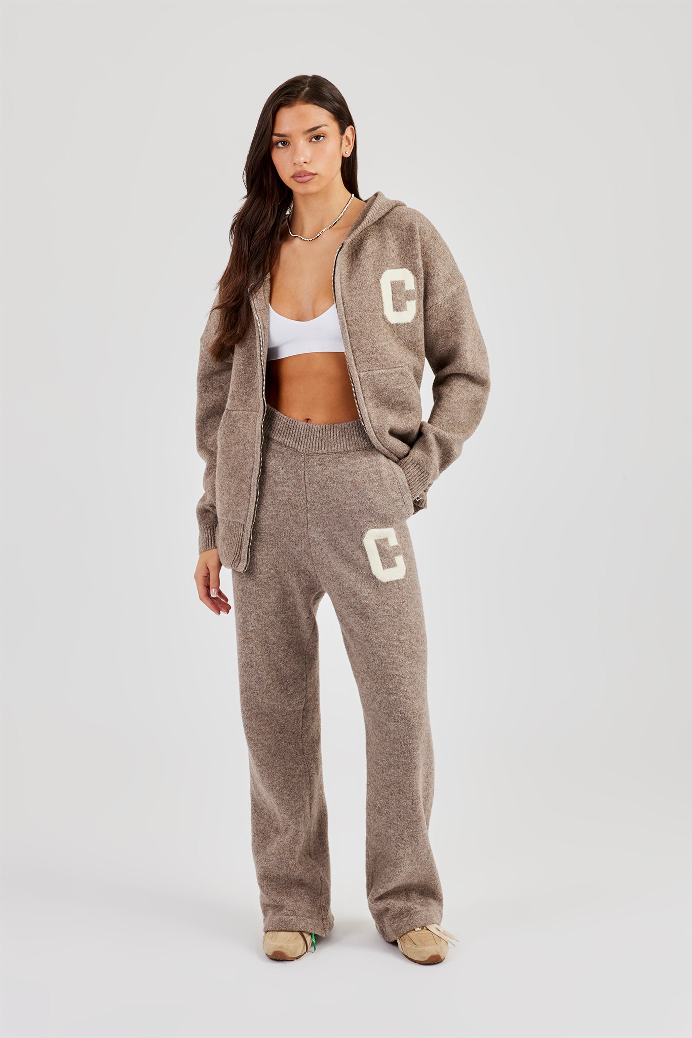 Hooded Zip Through Knitted Jumper & Wide Leg Jogger | Womens Sets