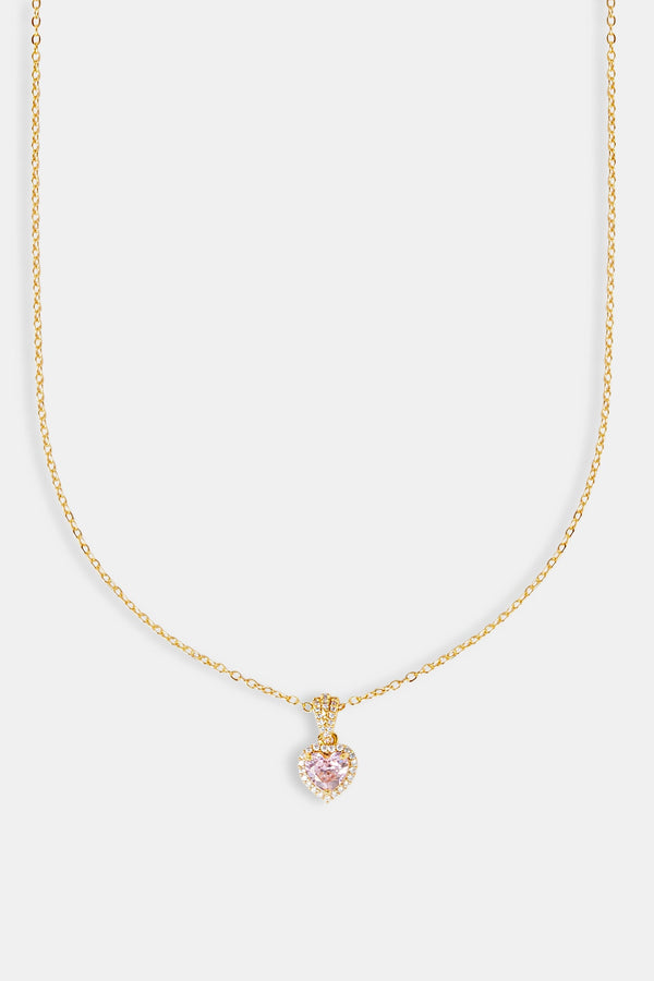 Pink Heart Bezel Necklace - Gold