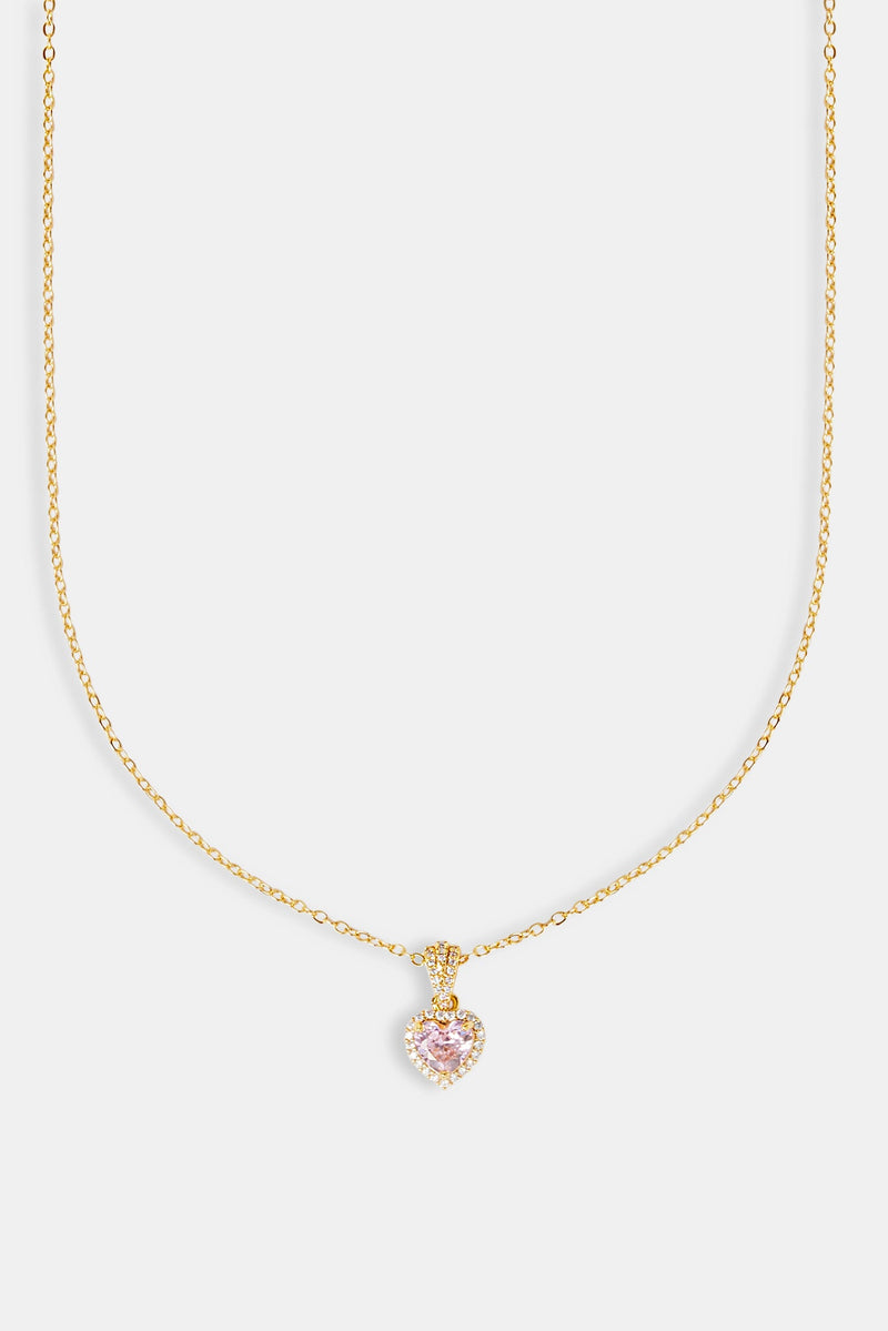 Pink Heart Bezel Necklace - Gold