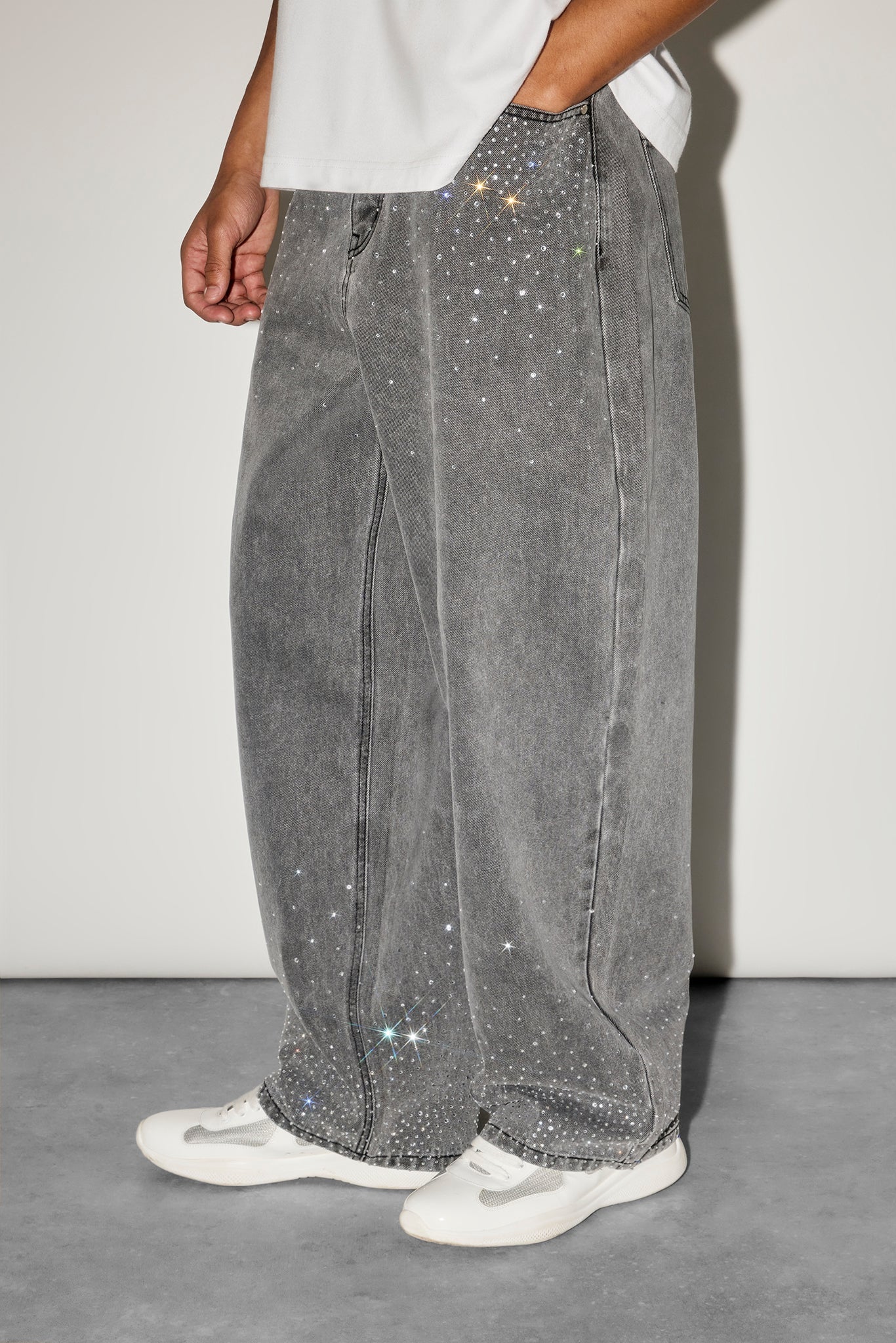 Rhinestone Super Baggy Jean - Washed Grey