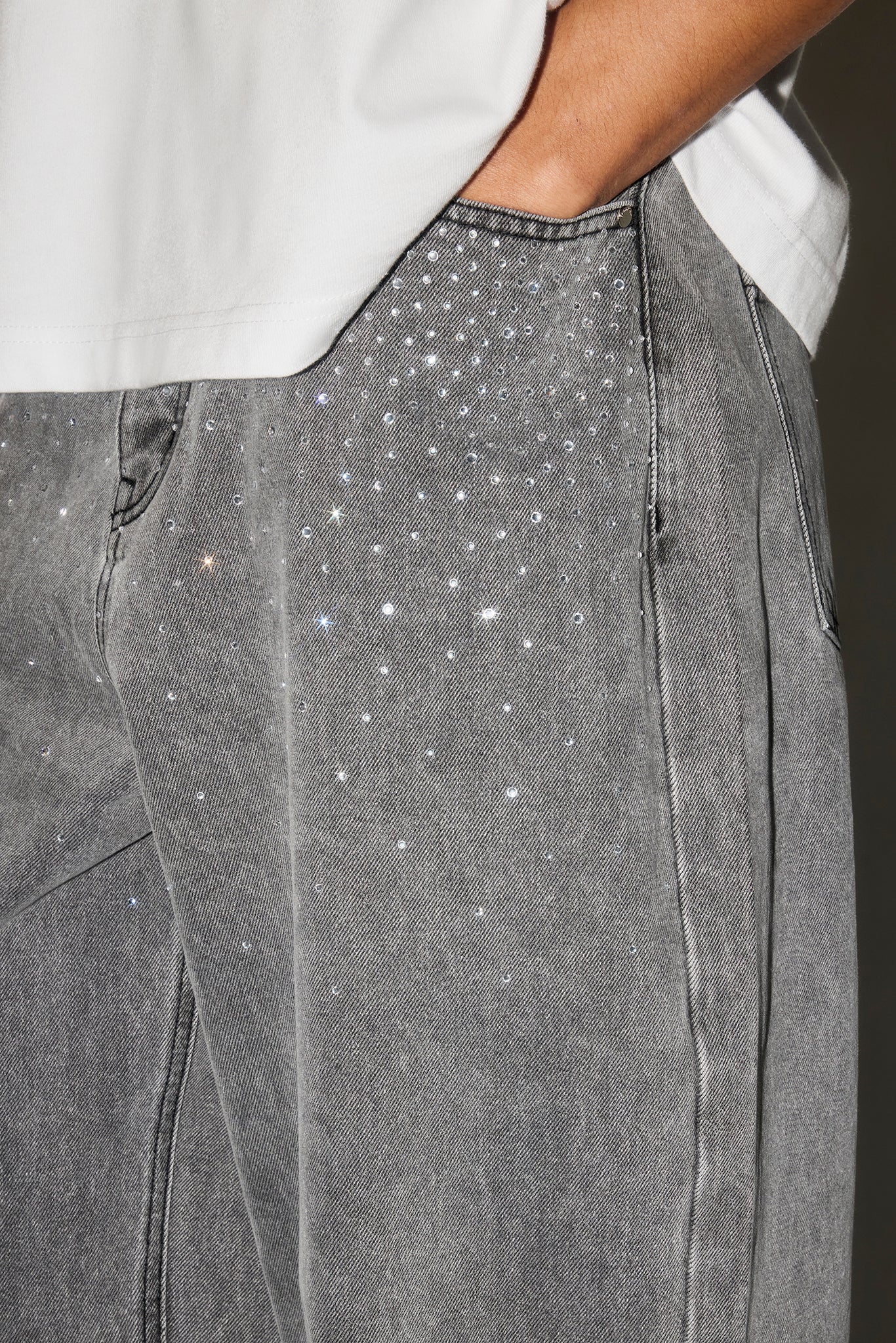 Rhinestone Super Baggy Jean - Washed Grey