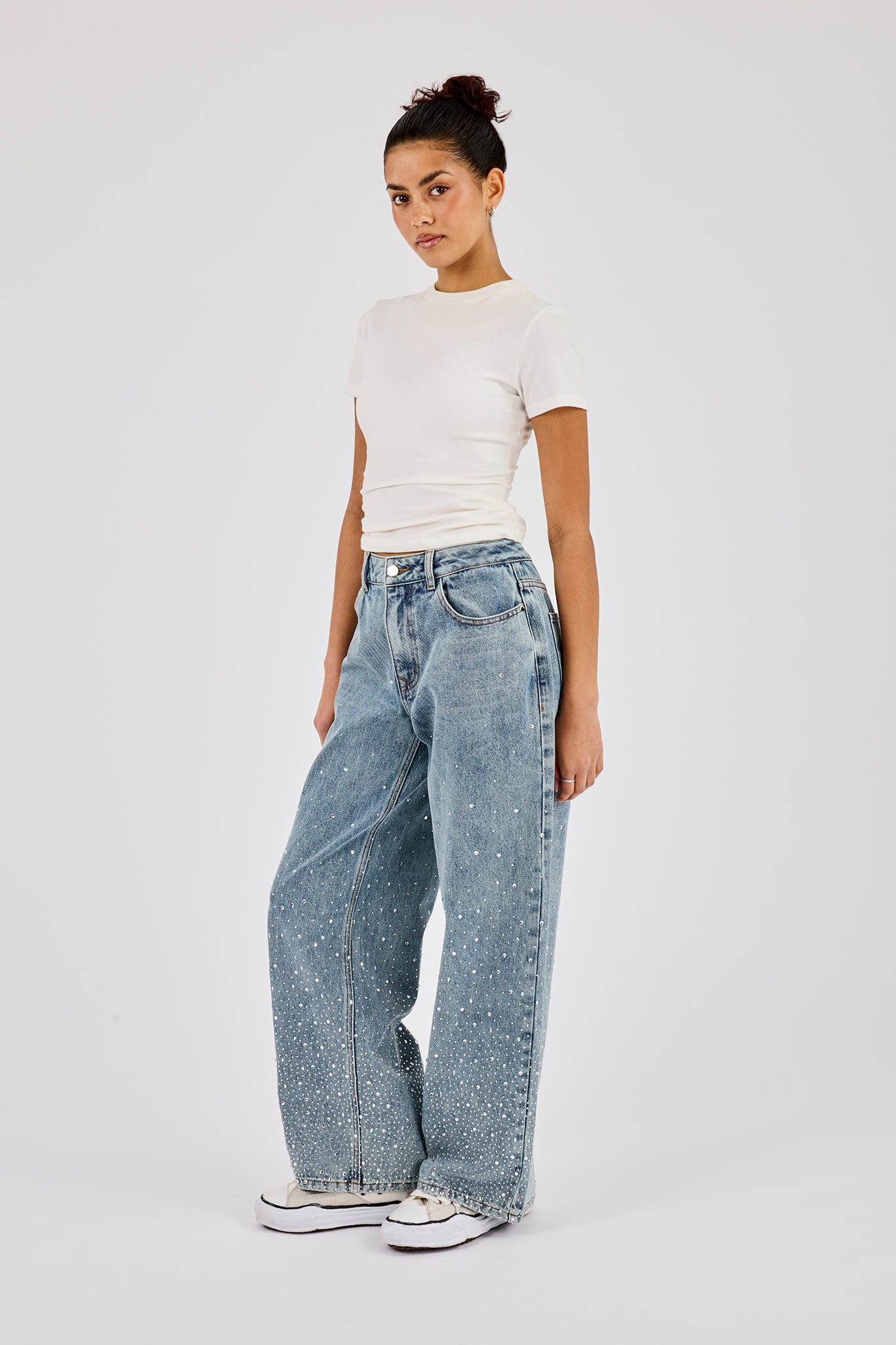 Rhinestone Detail Baggy Jean - Antique Wash