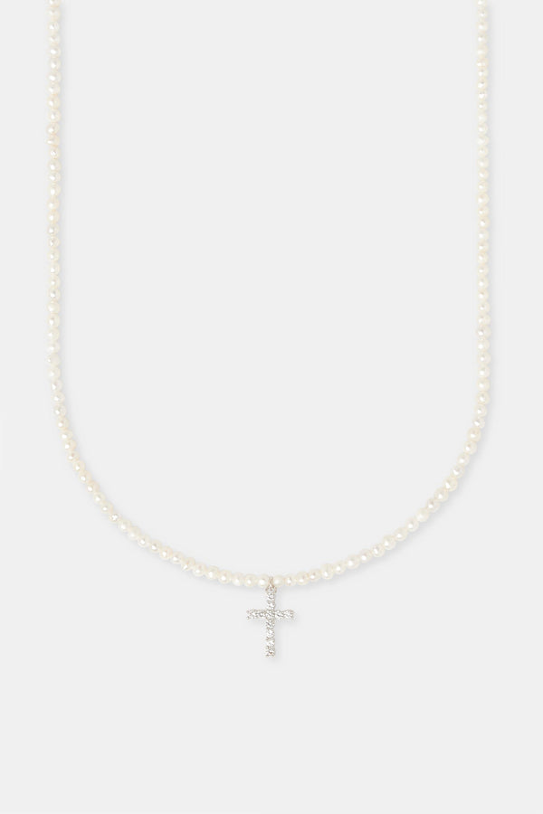 Iced Cross Pendant Freshwater Pearl Necklace - 15mm