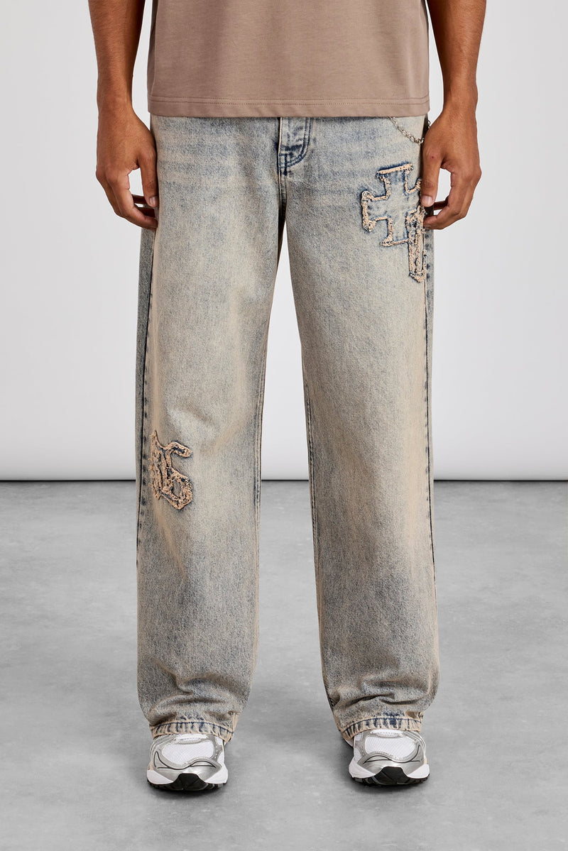 Baggy Applique Jean - Antique Wash