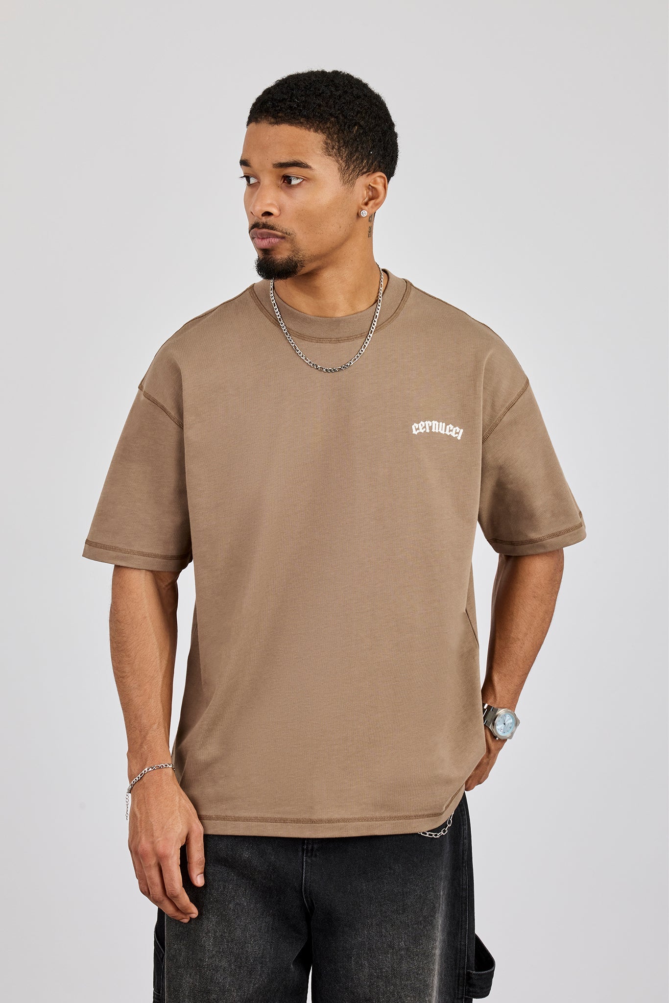 Oversized Gothic Print T-Shirt - Taupe