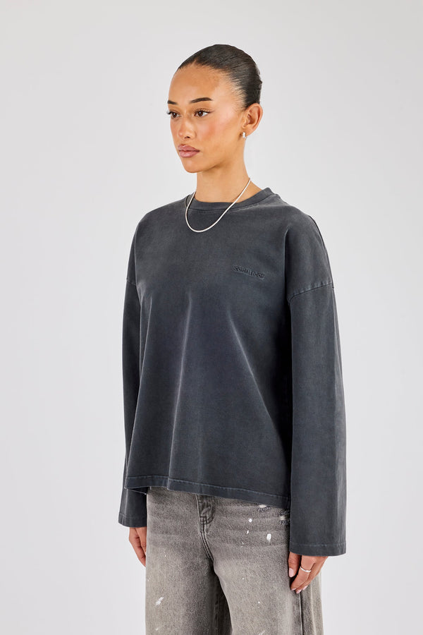 Womens Washed Long Sleeve T-Shirt - Charcoal