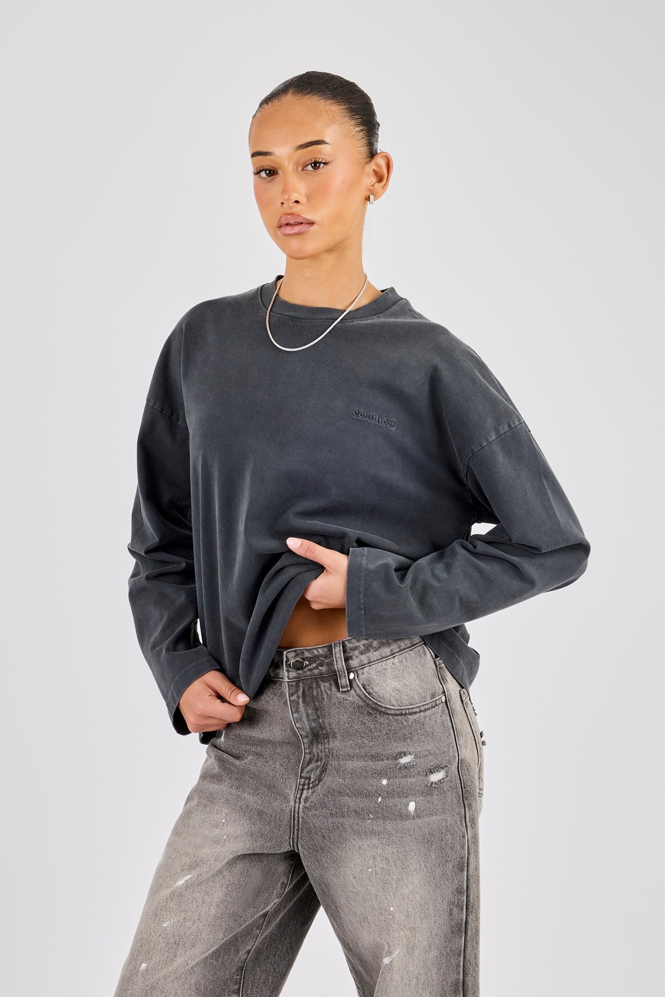 Womens Washed Long Sleeve T-Shirt - Charcoal