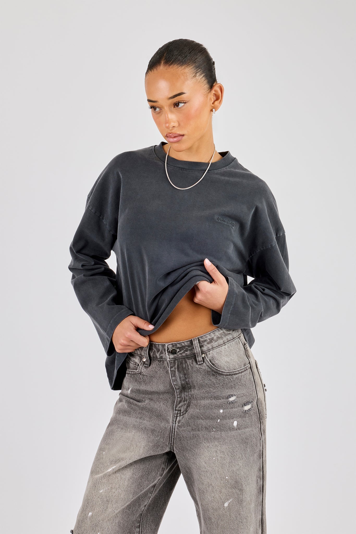 Womens Washed Long Sleeve T-Shirt - Charcoal