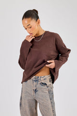 Womens Washed Long Sleeve T-Shirt - Chocolate