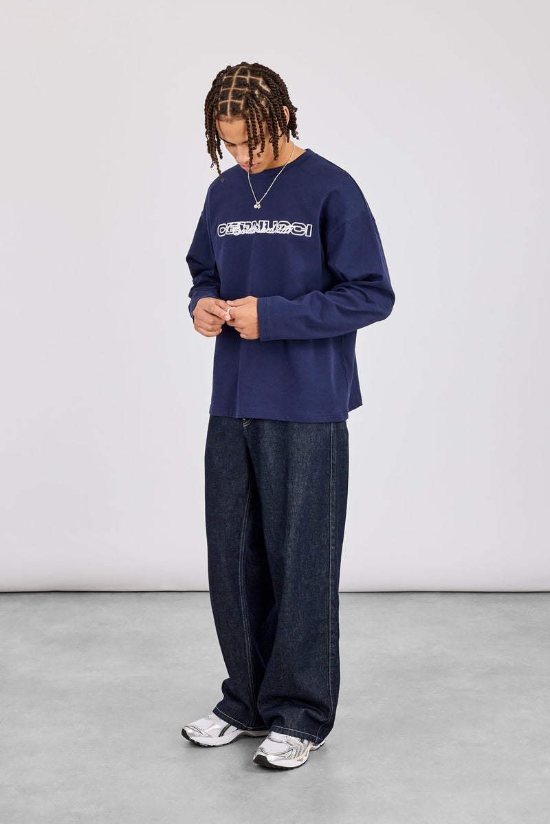 Established 2017 Boxy Long Sleeved T-Shirt - Navy Blue