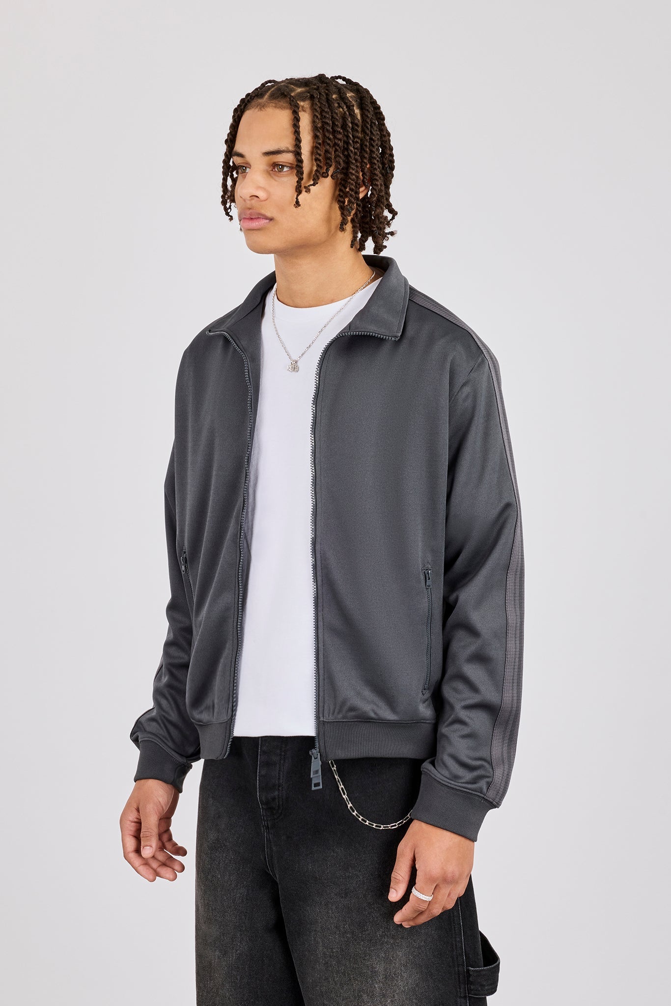 Mens Regular Poly Smooth Taping Track Top - Charcoal