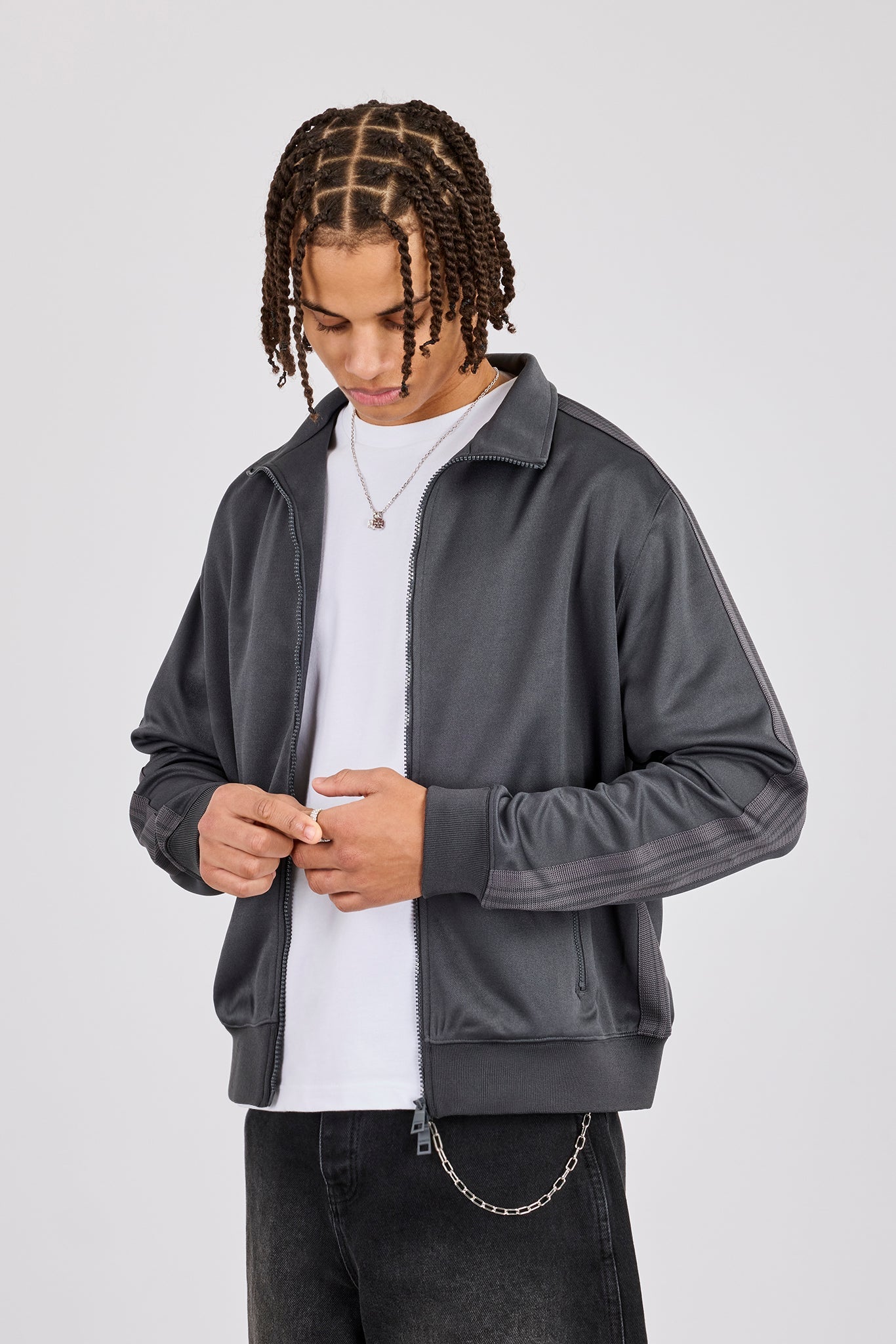 Mens Regular Poly Smooth Taping Track Top - Charcoal