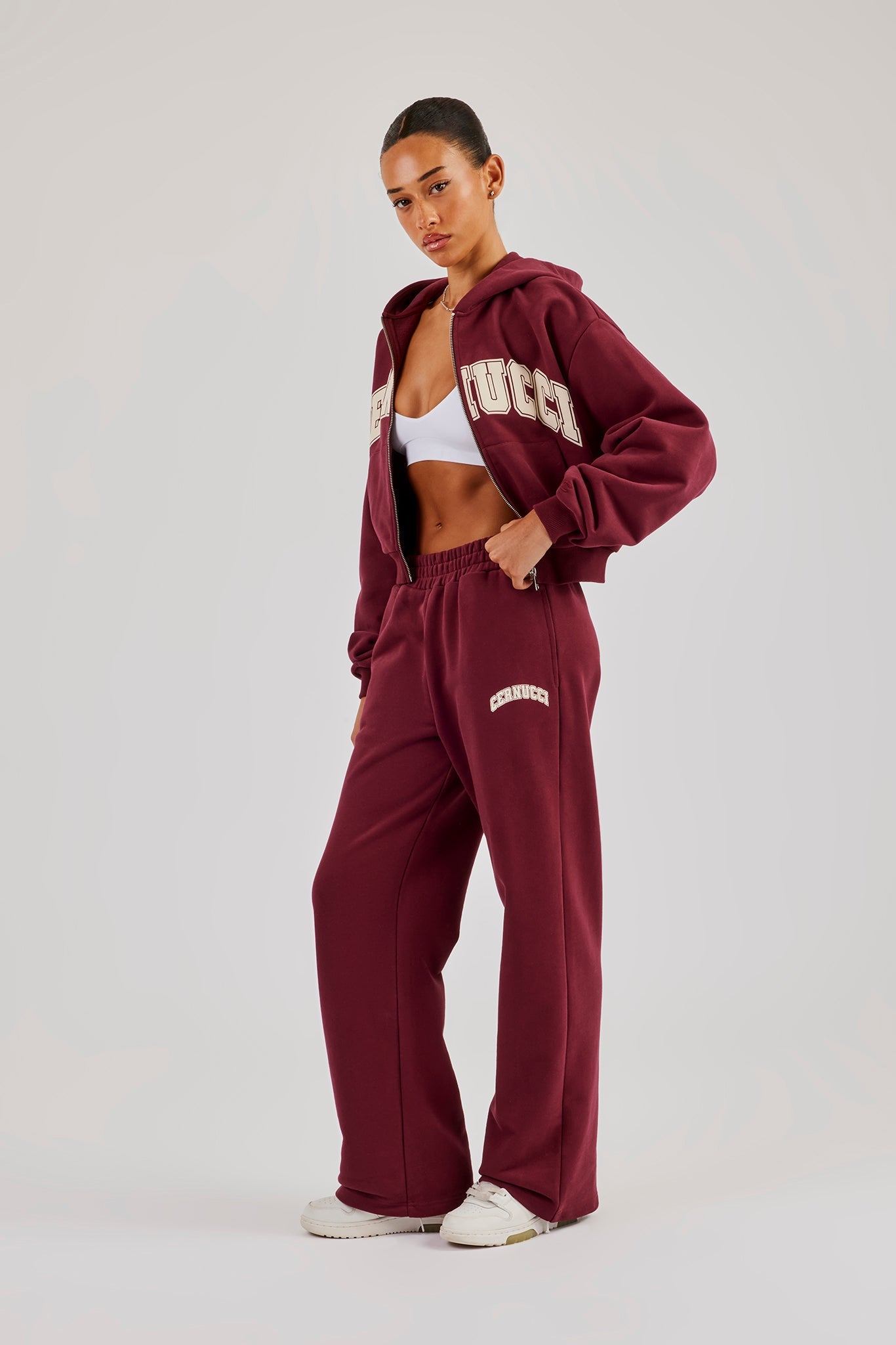 Cropped Varsity Logo Hoodie & Wide Leg Jogger - Berry