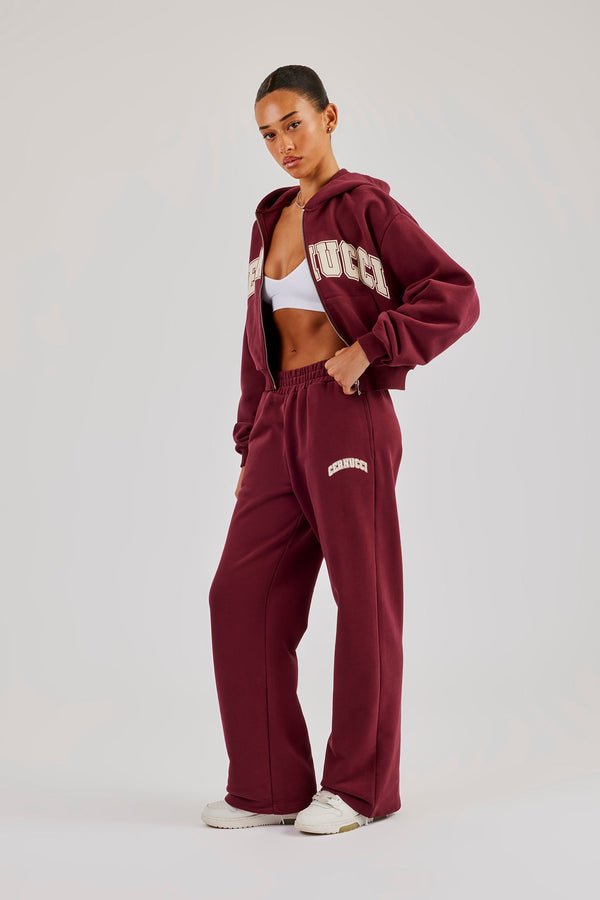 Cropped Varsity Logo Hoodie & Wide Leg Jogger - Berry