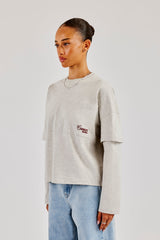 Faux Layer Embroidered T-Shirt - Ash Grey