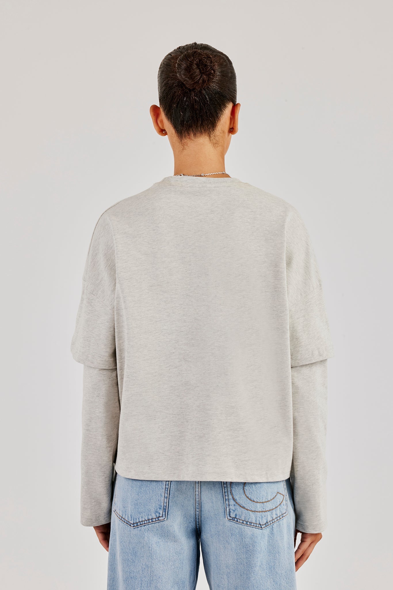 Faux Layer Embroidered T-Shirt - Ash Grey