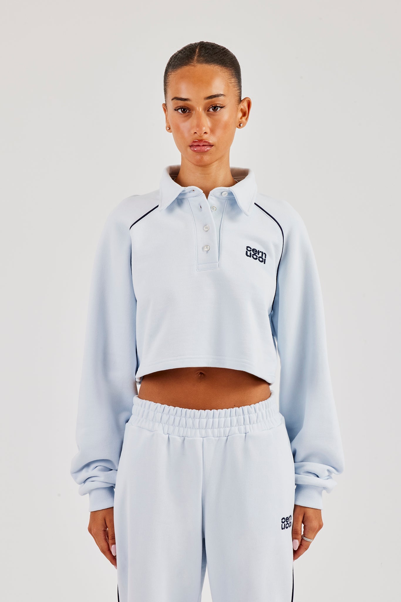 Cropped Rugby Polo With Piping - Light Blue