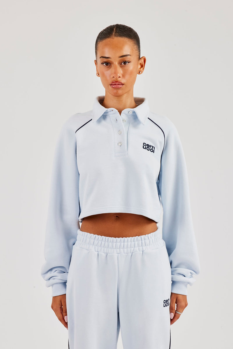 Cropped Rugby Polo With Piping - Light Blue