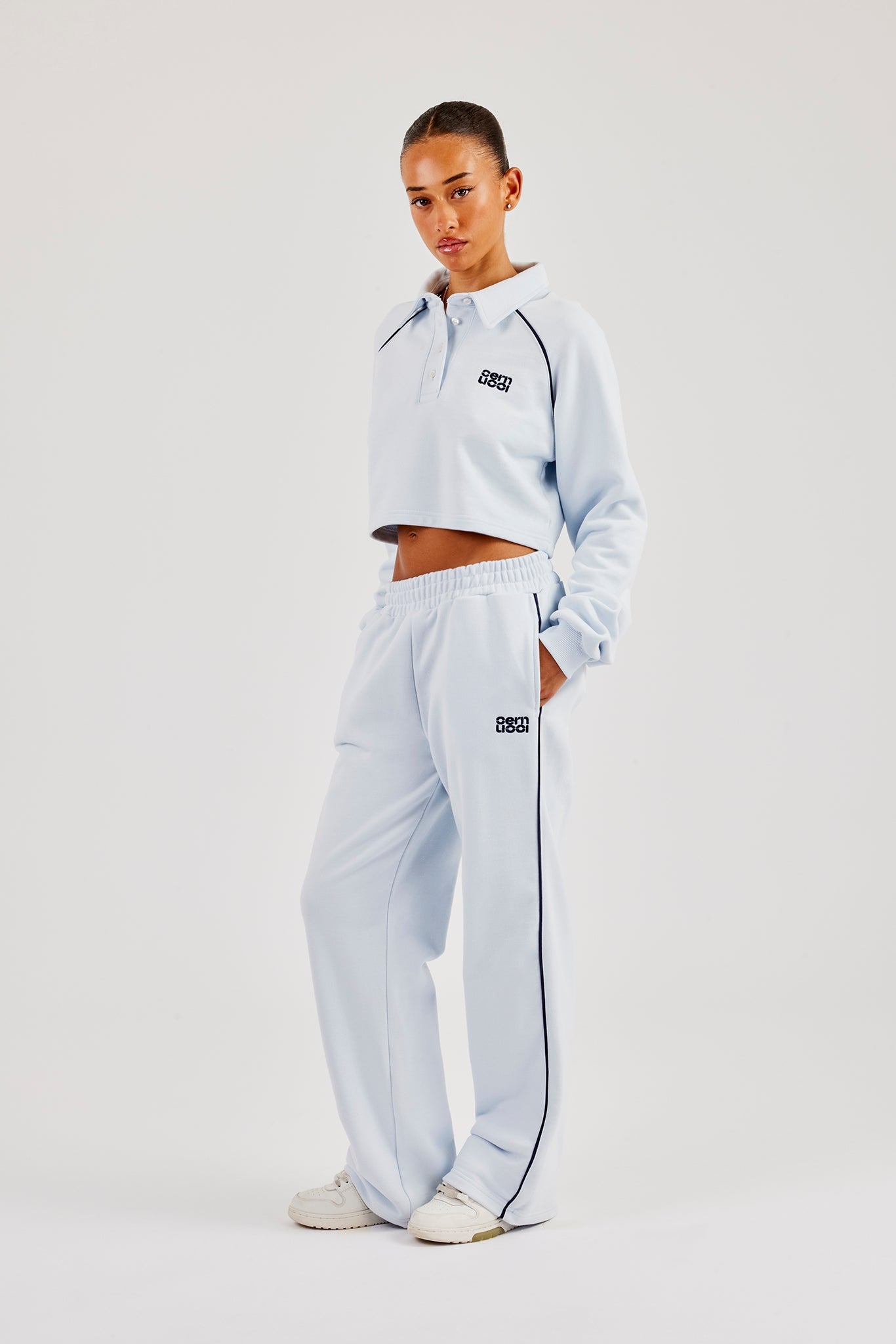 Wide Leg Jogger With Piping - Light Blue