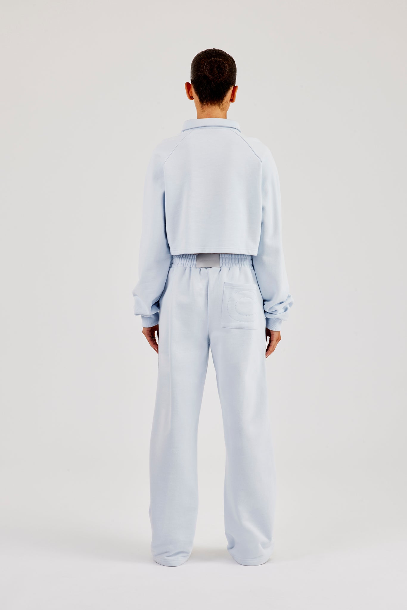 Cropped Rugby Polo & Wide Leg Jogger With Piping - Light Blue