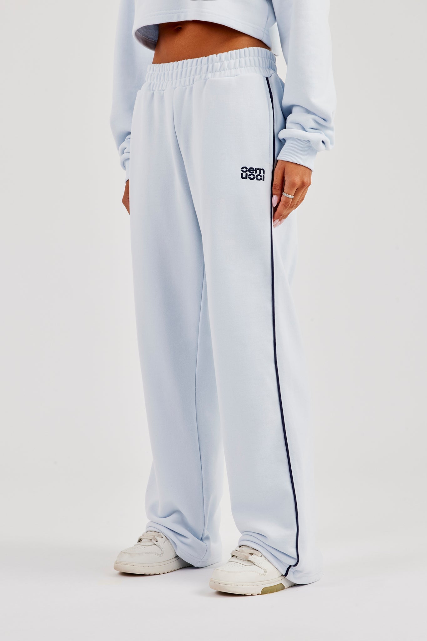 Wide Leg Jogger With Piping - Light Blue