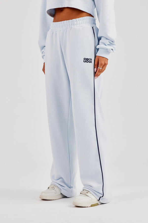Wide Leg Jogger With Piping - Light Blue