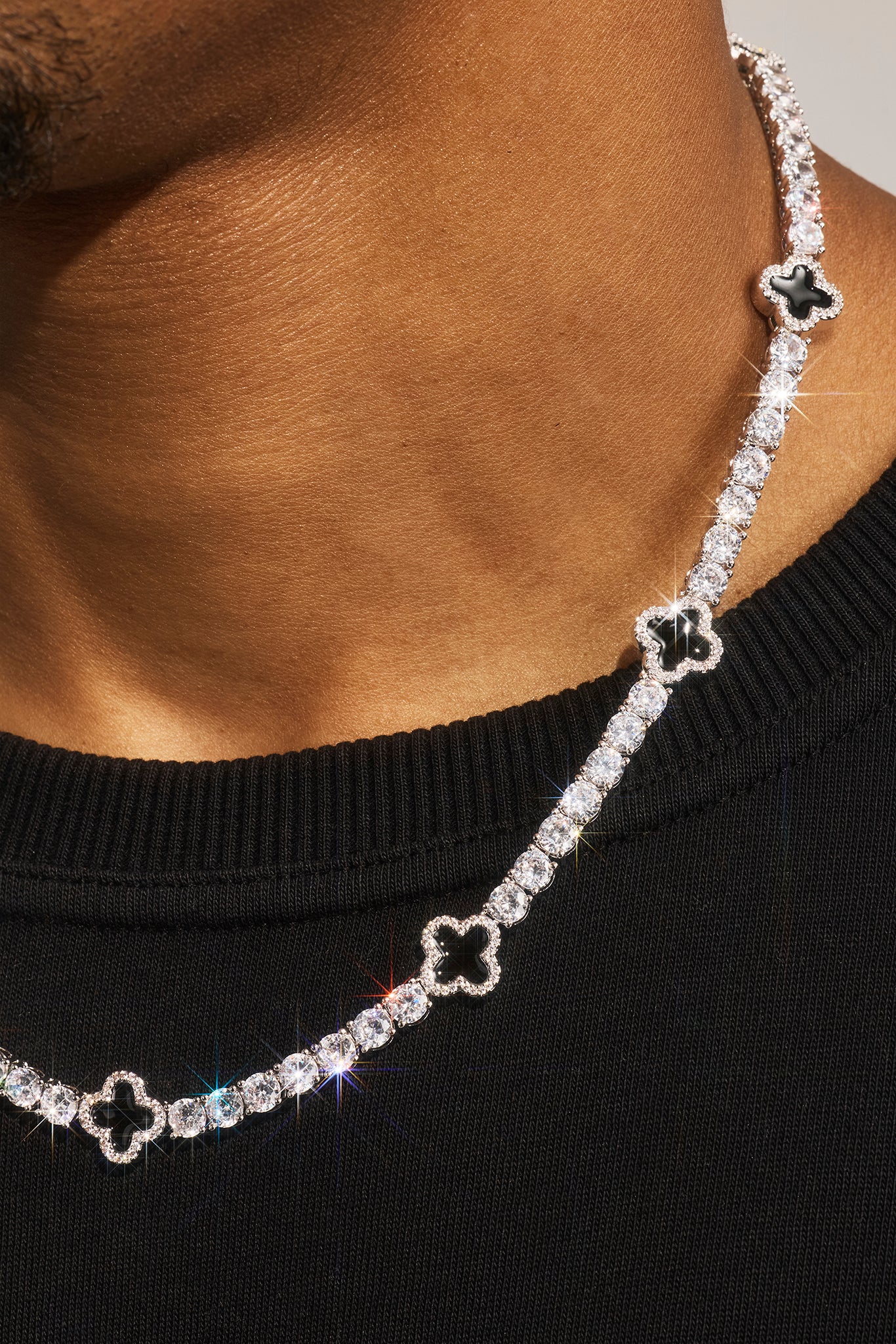 Mens Black Motif Tennis Chain + Bracelet - White - 5mm