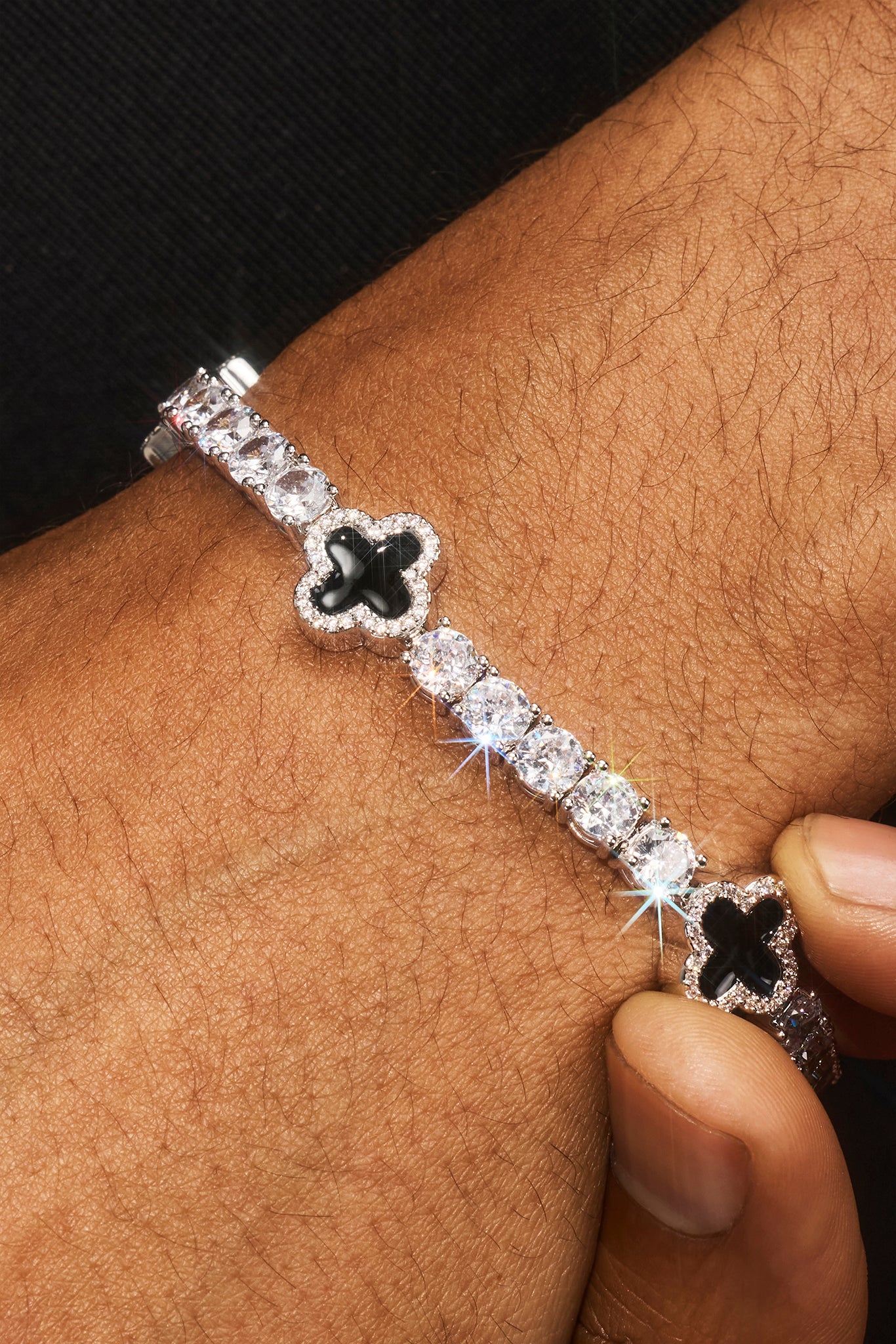 Mens Black Motif Tennis Chain + Bracelet - White - 5mm