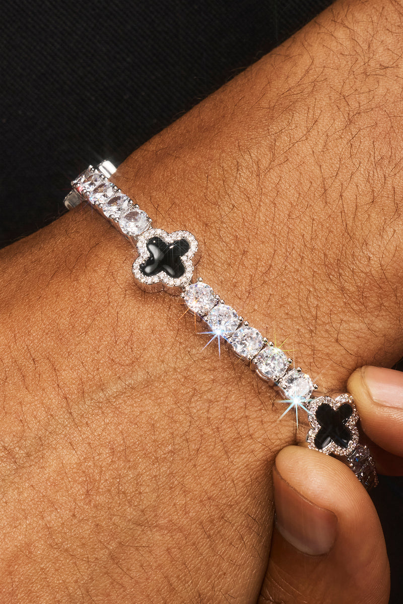 Mens Black Motif Tennis Chain + Bracelet - White - 5mm | Mens 