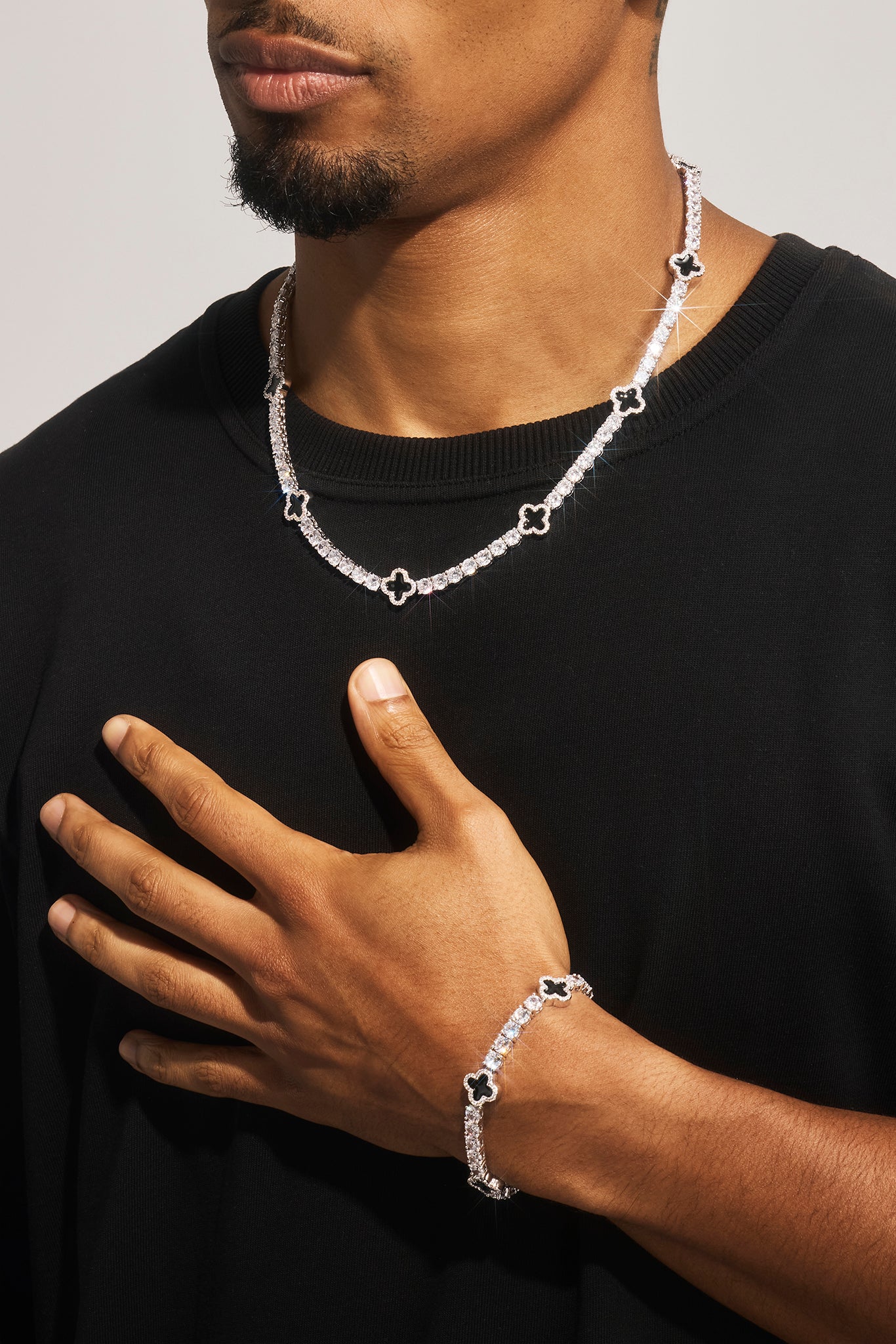 Mens Black Motif Tennis Chain + Bracelet - White - 5mm