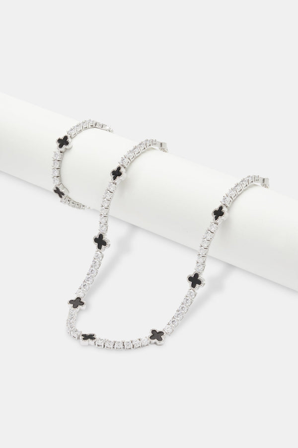 Mens Black Motif Tennis Chain + Bracelet - White - 5mm