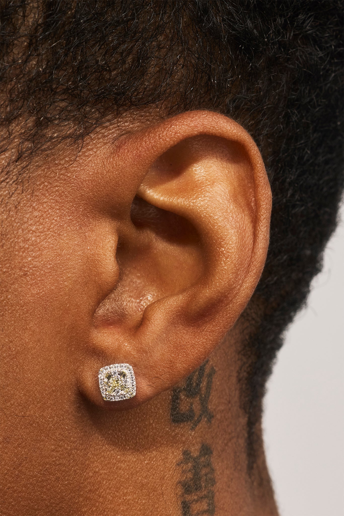 Yellow Baguette Centre Square Stud Earrings - 7mm - White