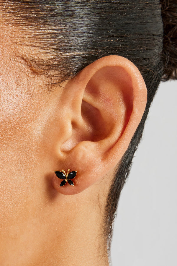 Iced Black Butterfly Stud Earrings - 8mm