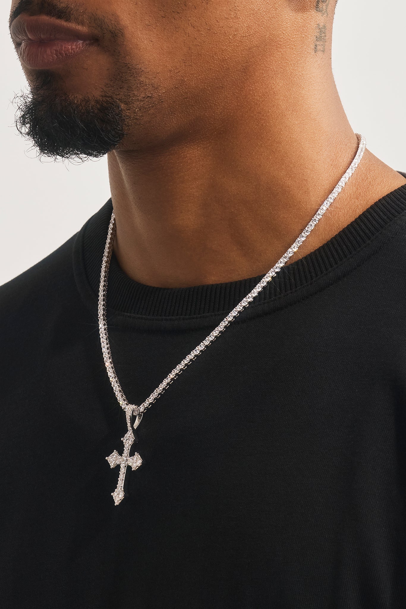 Celtic Cross Pendant Iced Tennis Necklace - 35mm - White
