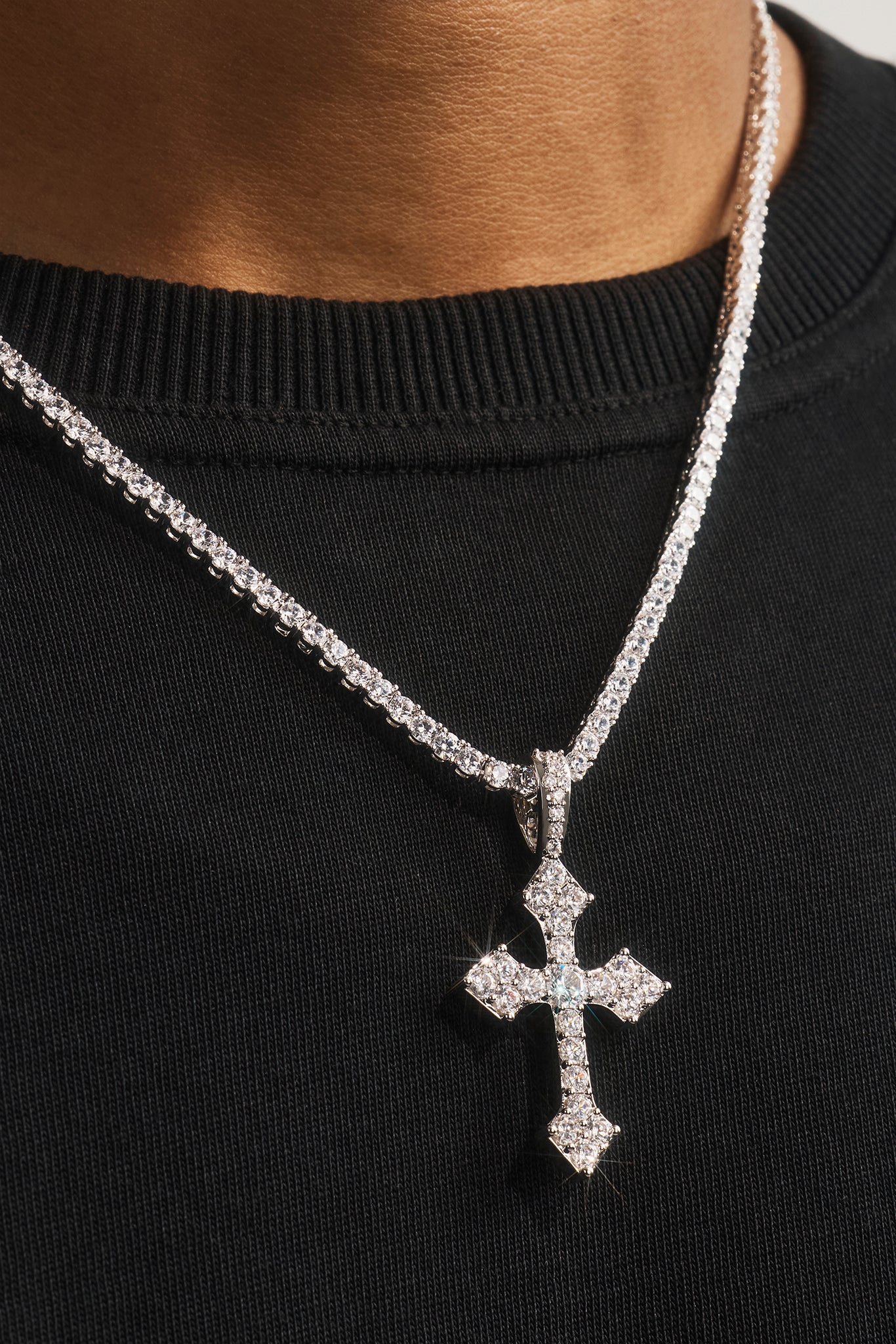 Celtic Cross Pendant Iced Tennis Necklace - 35mm - White