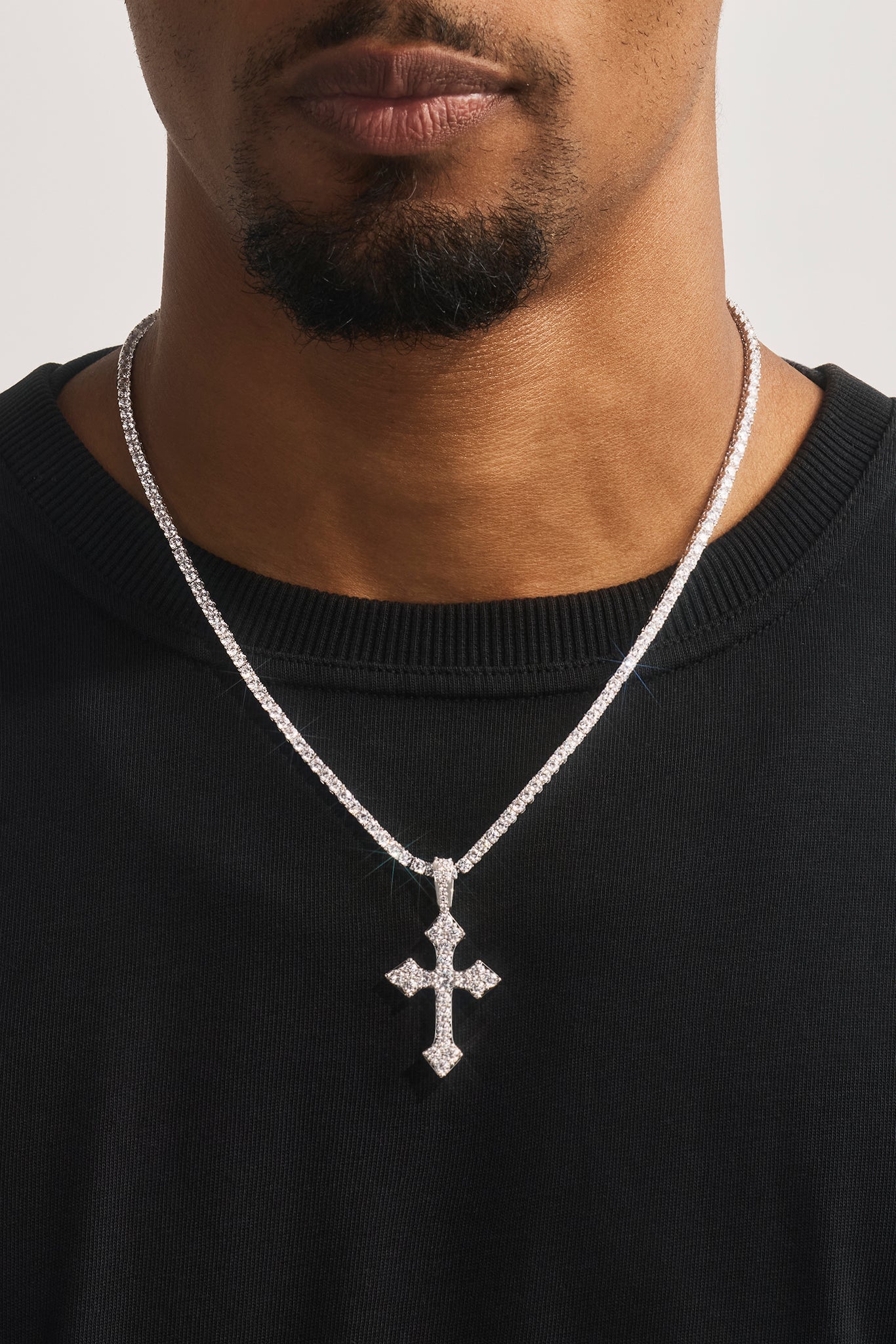 Celtic Cross Pendant Iced Tennis Necklace - 35mm - White