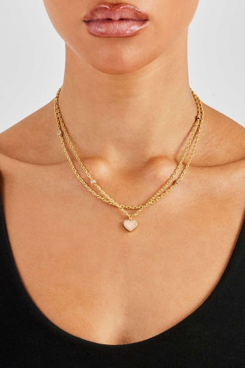 Double Layer Iced & Pink Agate Heart Rolo Necklace - 8mm