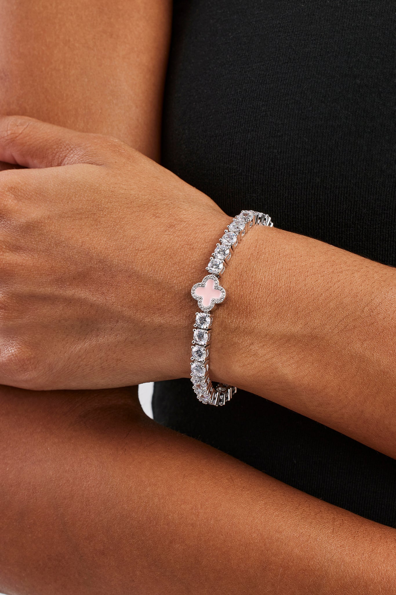Iced Pink Motif Charm Tennis Bracelet - White 5mm & Medium Premium Gift Box