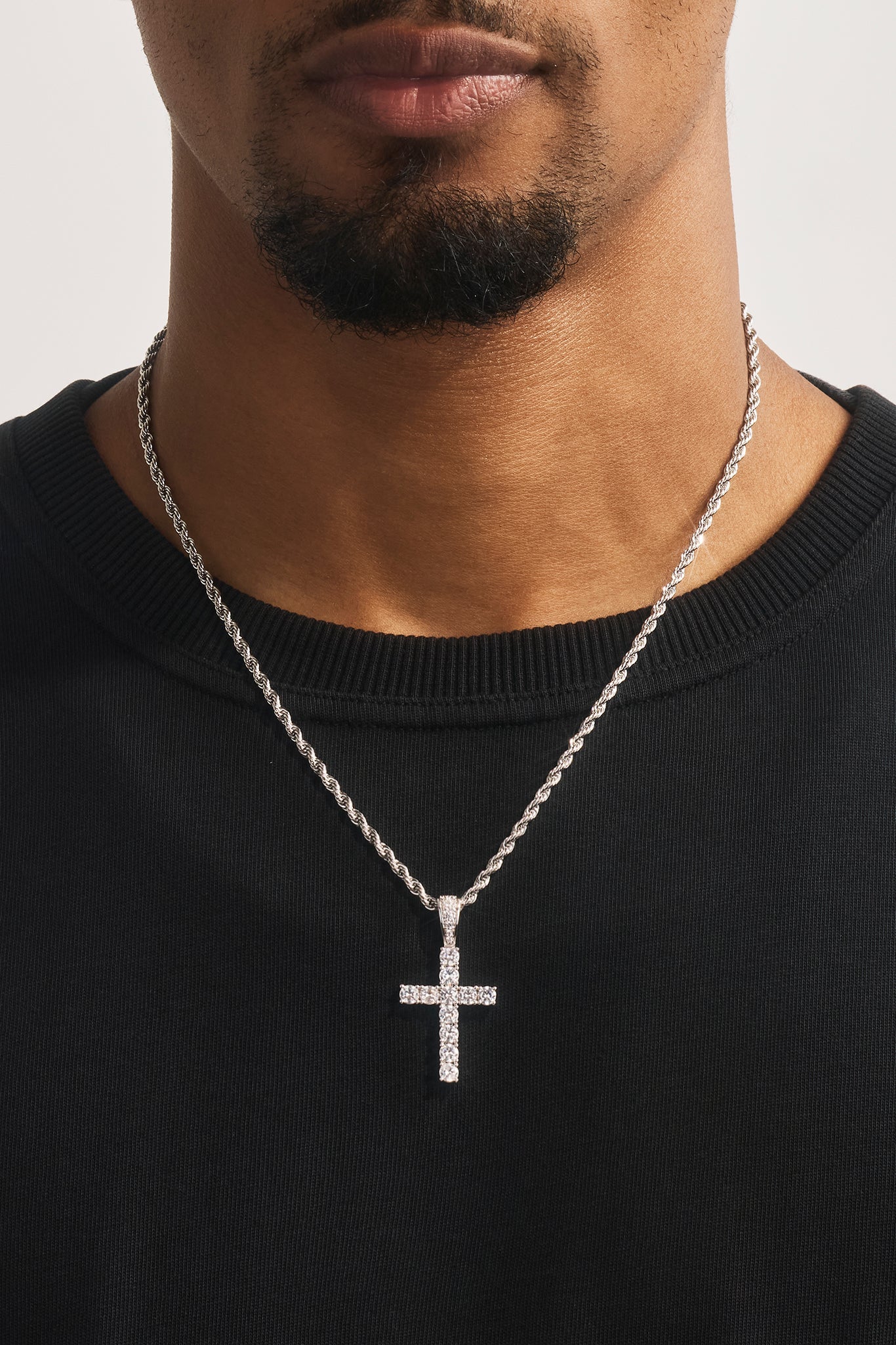 Iced Cross Pendant Rope Necklace - 30mm - White